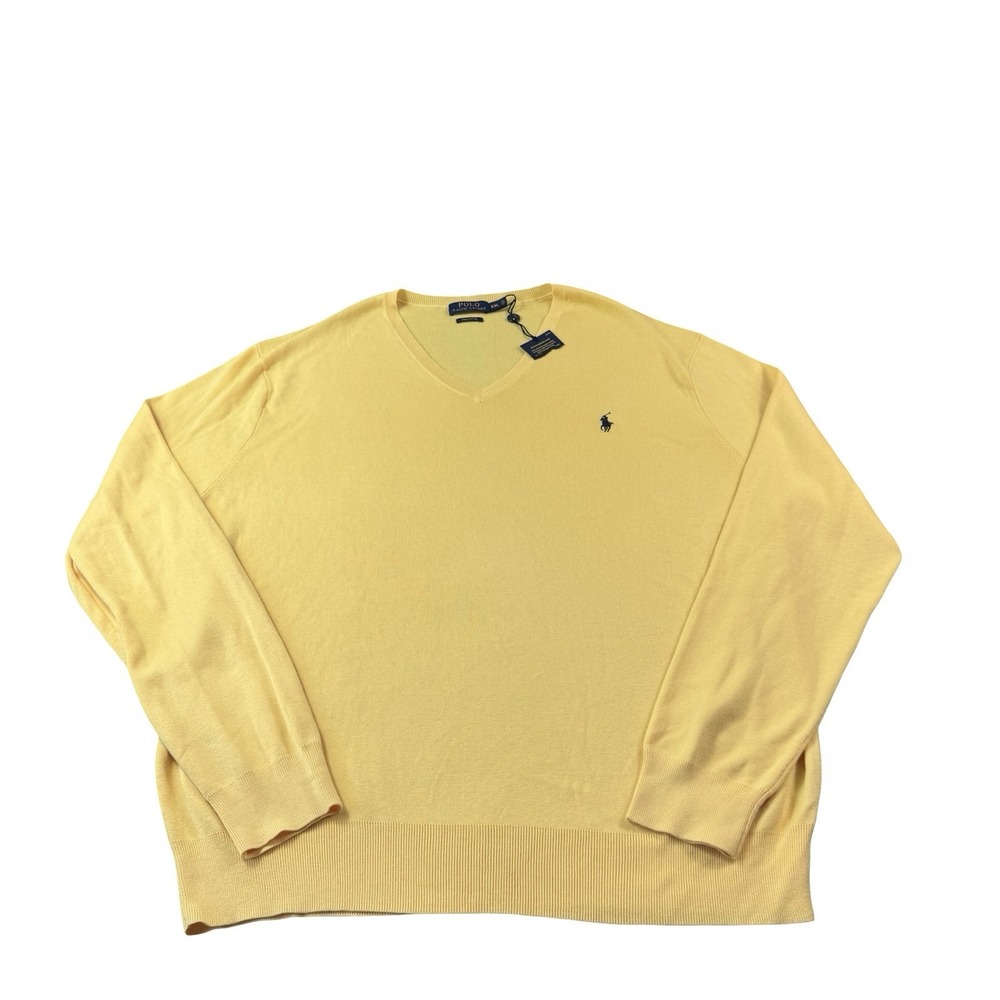 Polo Ralph Lauren Yellow Blue Pony V Neck Pima Cotton Sweater Mens 2XL NWT